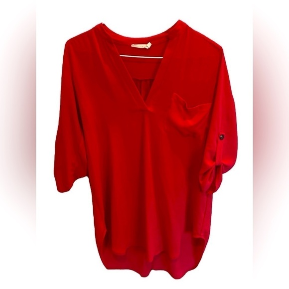 LUSH Women's Split Neck Roll Sleeve Tunic Blouse Cherise Magenta XS - Picture 1 of 3